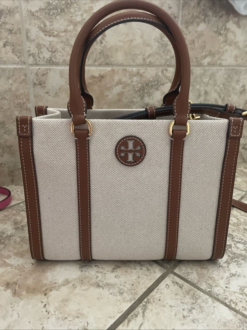 Tory Burch Blake Canvas Classic Cuoio Small Tote Natural & Tan Style 145356